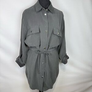 ZARA Long Sleeve Gray Shirt Dress Medium DrawstringTie Waist Snap Front Pockets